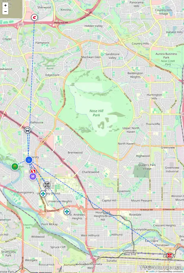 Daily accessibility map for 5111 VALIANT DR NW, Calgary showing nearby schools, grocery stores, parks, LRT stations and nearby amenities