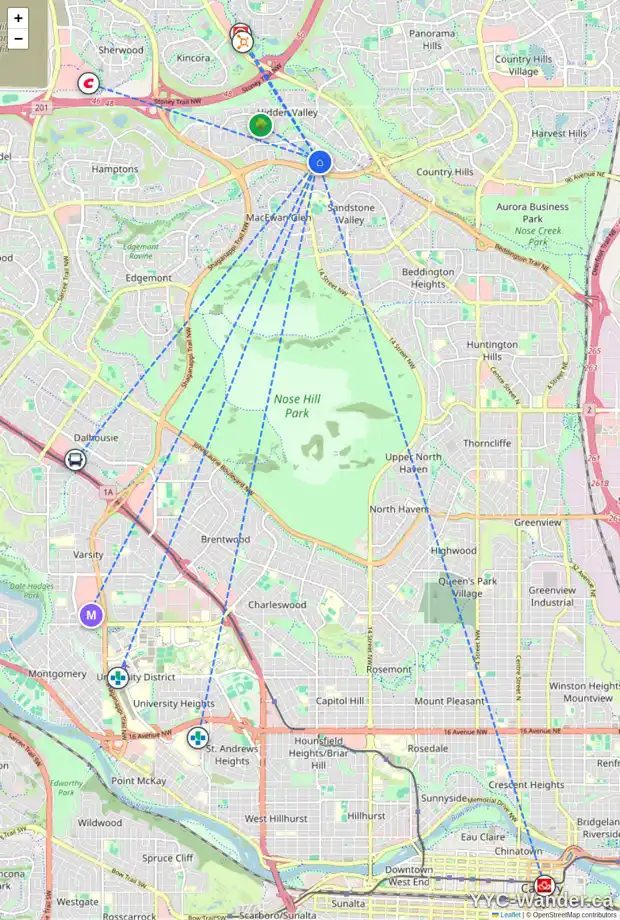 Daily accessibility map for 83 HIDDEN VALE CL NW, Calgary showing nearby schools, grocery stores, parks, LRT stations and nearby amenities