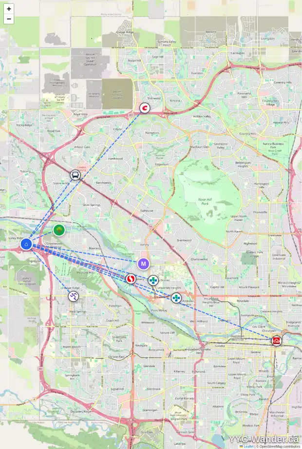 Daily accessibility map for 10995 VALLEY RIDGE DR NW, Calgary showing nearby schools, grocery stores, parks, LRT stations and nearby amenities