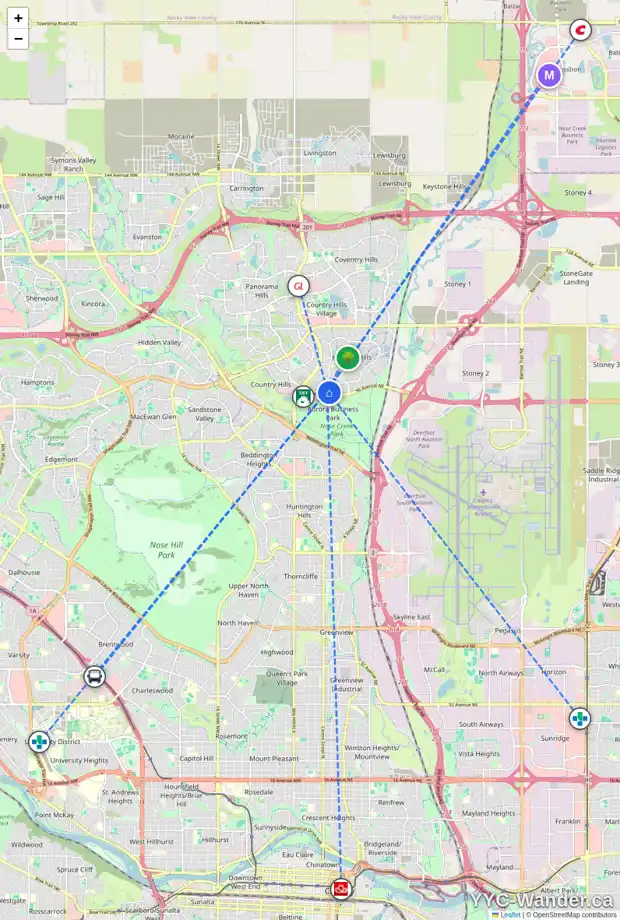Daily accessibility map for 54 HARVEST ROSE PL NE, Calgary showing nearby schools, grocery stores, parks, LRT stations and nearby amenities