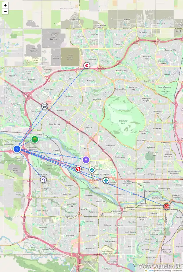 Daily accessibility map for 107 VALLEY BROOK CI NW, Calgary showing nearby schools, grocery stores, parks, LRT stations and nearby amenities