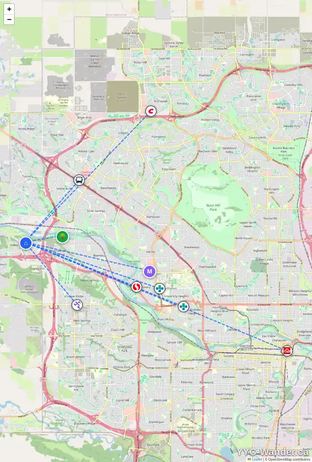 Daily accessibility map for 11002 VALLEY SPRINGS RD NW, Calgary showing nearby schools, grocery stores, parks, LRT stations and nearby amenities