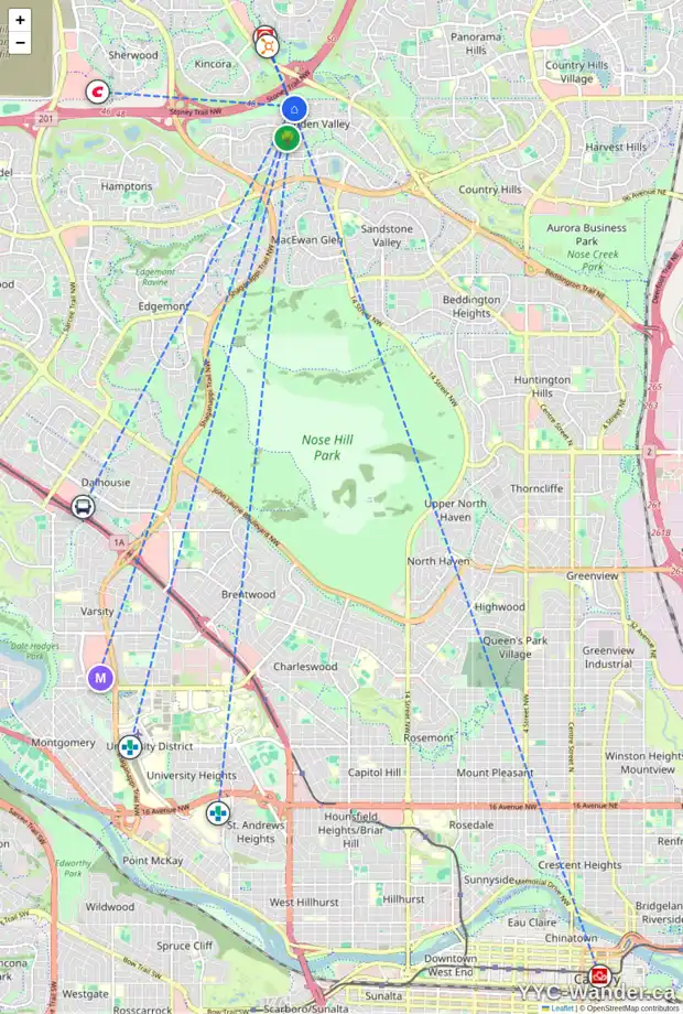 Daily accessibility map for 70 HIDDEN RIDGE VW NW, Calgary showing nearby schools, grocery stores, parks, LRT stations and nearby amenities