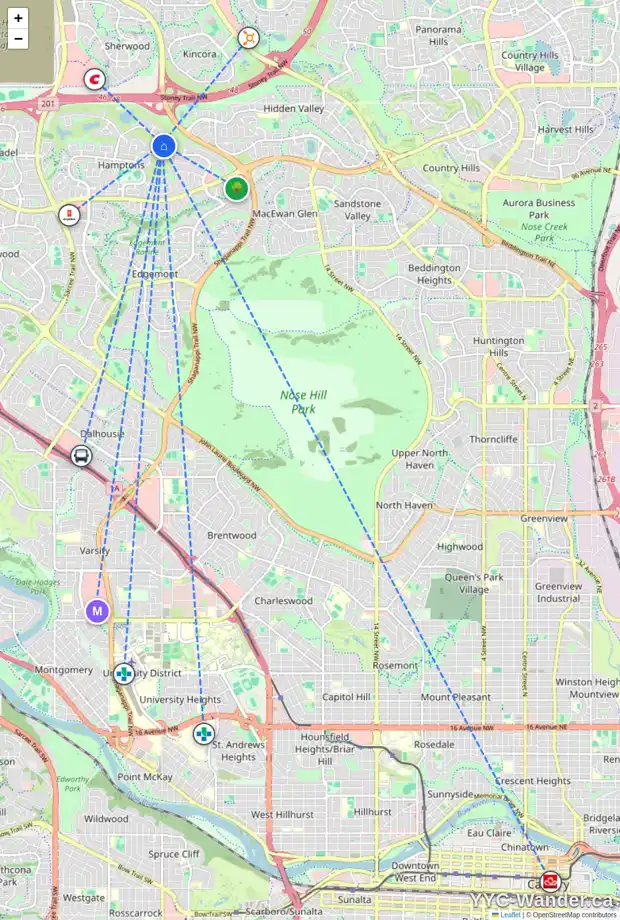 Daily accessibility map for 41 HAMPTONS LI NW, Calgary showing nearby schools, grocery stores, parks, LRT stations and nearby amenities