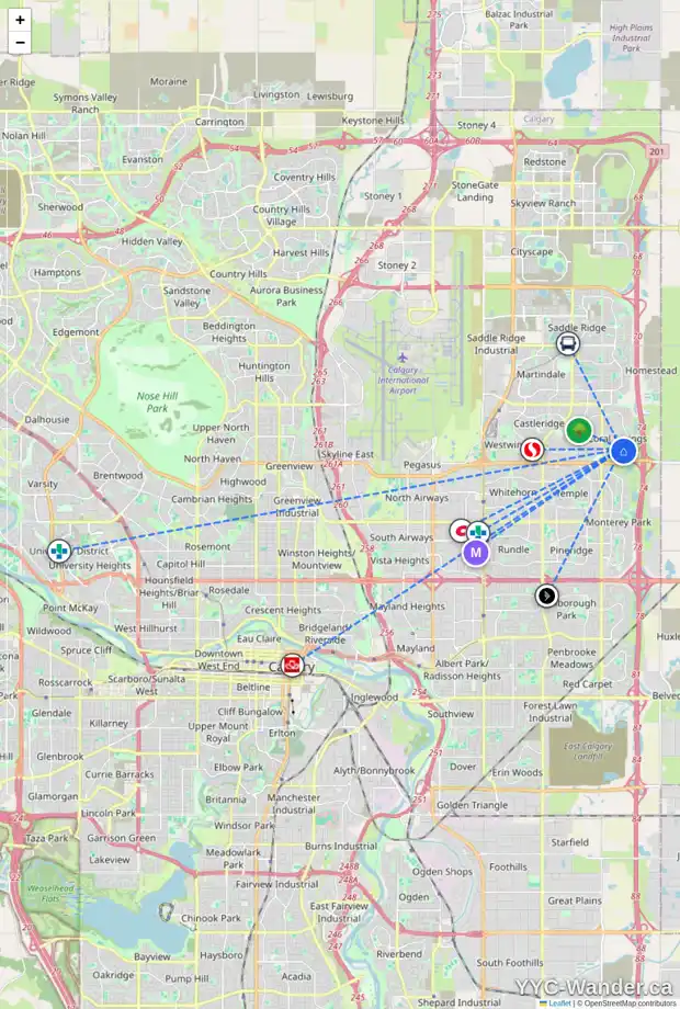 Daily accessibility map for 136 CORAL SPRINGS LD NE, Calgary showing nearby schools, grocery stores, parks, LRT stations and nearby amenities