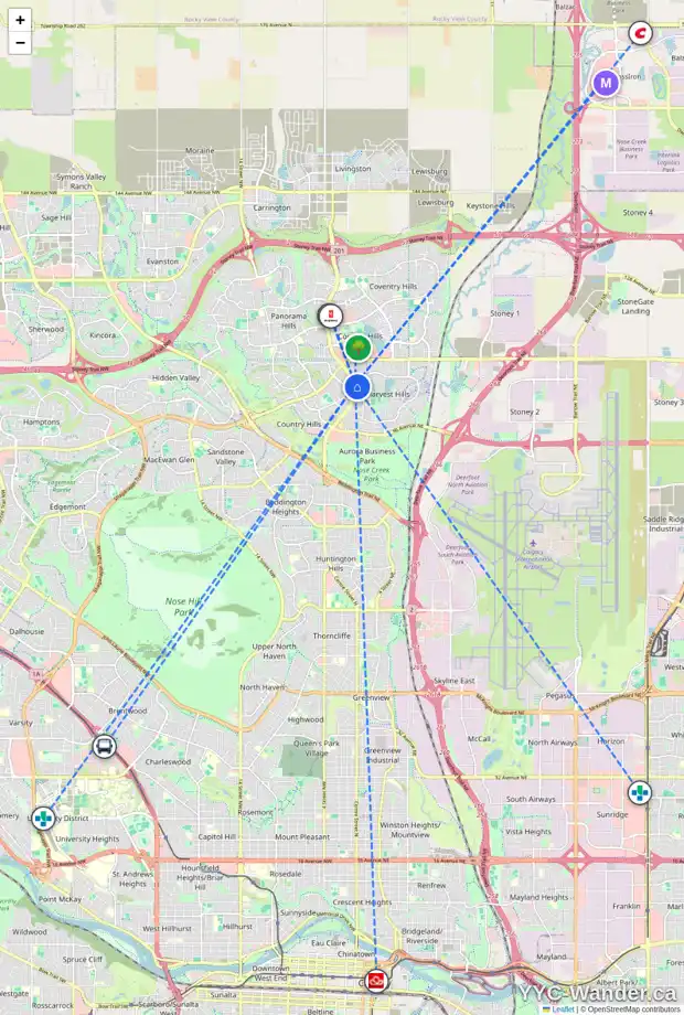 Daily accessibility map for 182 HARVEST OAK RI NE, Calgary showing nearby schools, grocery stores, parks, LRT stations and nearby amenities
