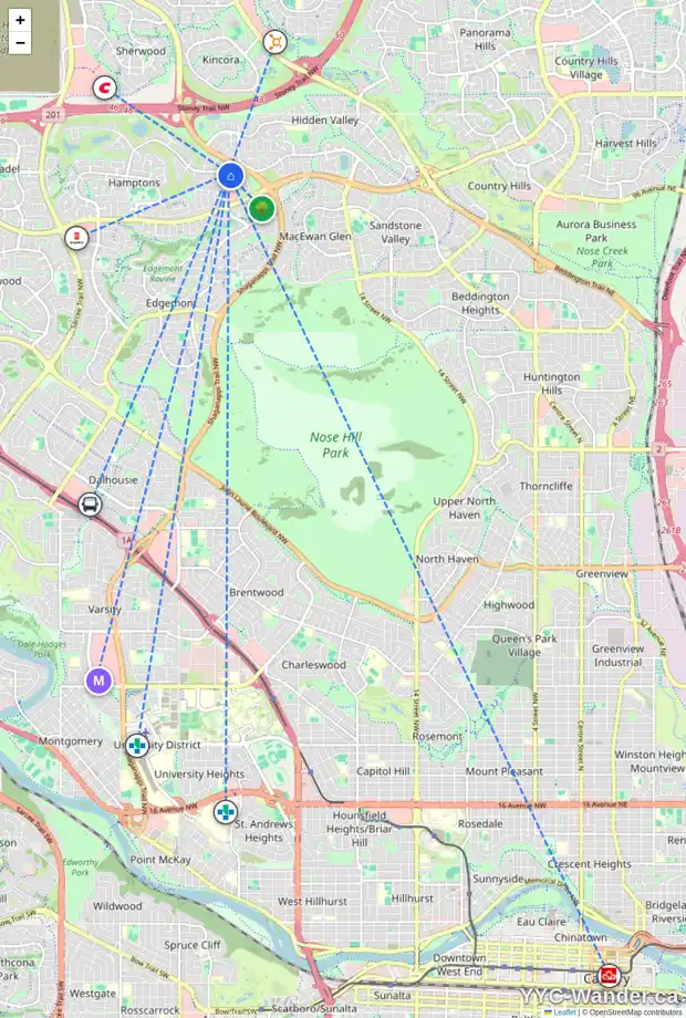 Daily accessibility map for 641 HAMPTONS DR NW, Calgary showing nearby schools, grocery stores, parks, LRT stations and nearby amenities