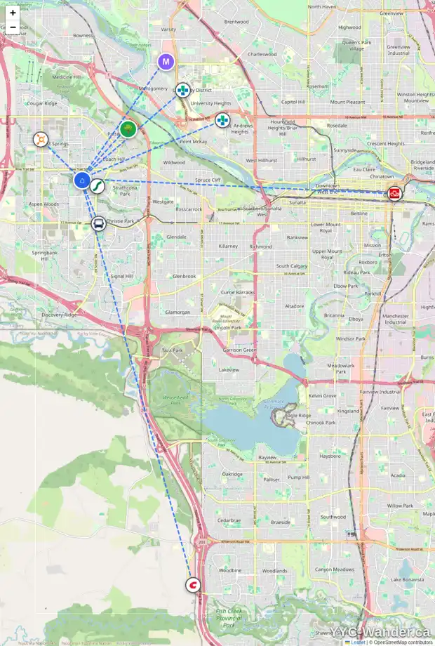 Daily accessibility map for 56 STRATHRIDGE GD SW, Calgary showing nearby schools, grocery stores, parks, LRT stations and nearby amenities