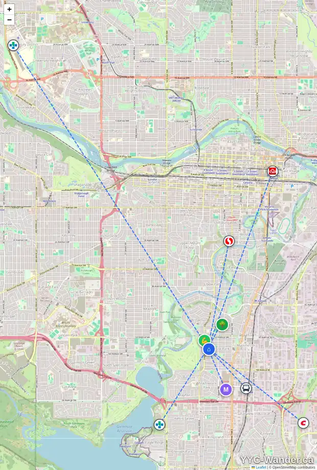 Daily accessibility map for 718 53 AV SW, Calgary showing nearby schools, grocery stores, parks, LRT stations and nearby amenities
