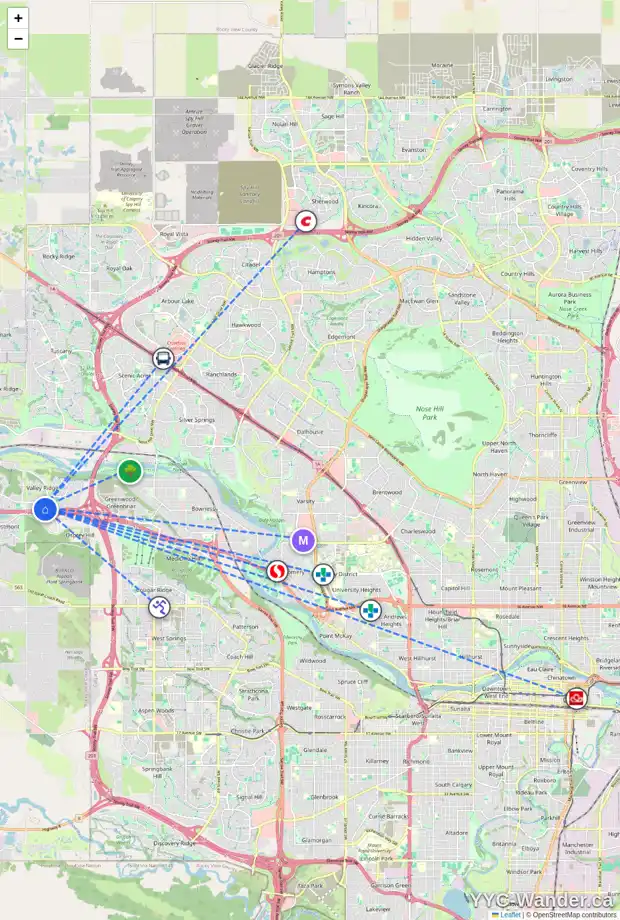 Daily accessibility map for 82 VALLEY RIDGE HT NW, Calgary showing nearby schools, grocery stores, parks, LRT stations and nearby amenities