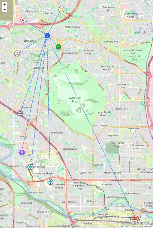 Daily accessibility map for 75 HAMPSTEAD RI NW, Calgary showing nearby schools, grocery stores, parks, LRT stations and nearby amenities