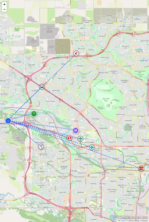 Daily accessibility map for 21 VALLEY CREEK RD NW, Calgary showing nearby schools, grocery stores, parks, LRT stations and nearby amenities