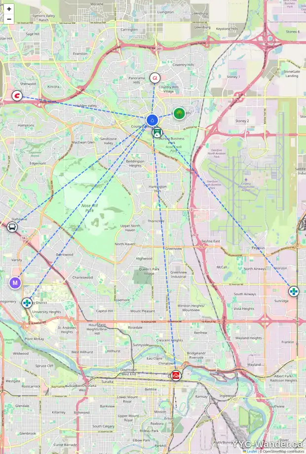 Daily accessibility map for 238 COUNTRY HILLS HT NW, Calgary showing nearby schools, grocery stores, parks, LRT stations and nearby amenities