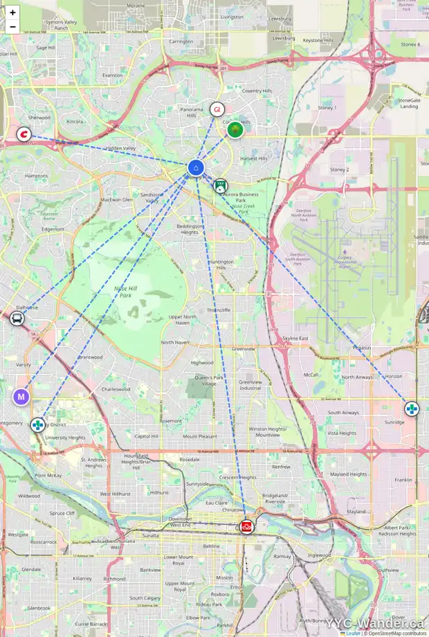 Daily accessibility map for 19 COUNTRY HILLS GD NW, Calgary showing nearby schools, grocery stores, parks, LRT stations and nearby amenities
