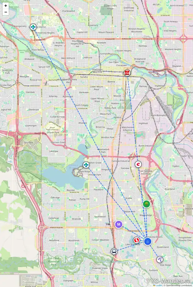 Daily accessibility map for 1036 LAKE CHRISTINA WY SE, Calgary showing nearby schools, grocery stores, parks, LRT stations and nearby amenities