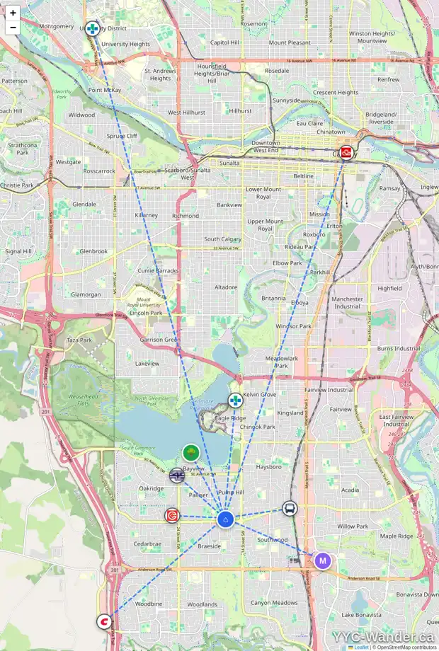 Daily accessibility map for 216 PUMP HILL CR SW, Calgary showing nearby schools, grocery stores, parks, LRT stations and nearby amenities