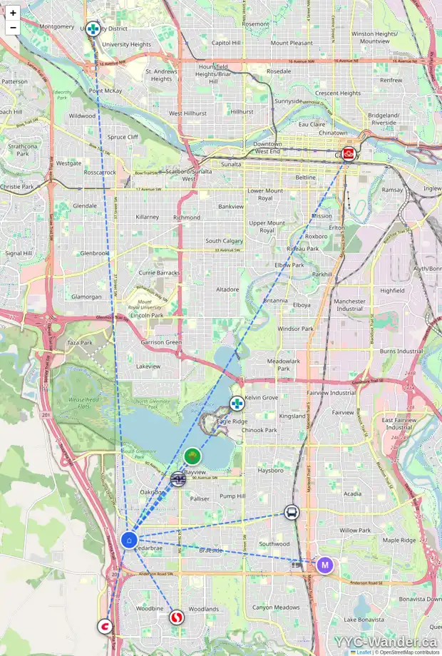Daily accessibility map for 308 CEDARILLE CR SW, Calgary showing nearby schools, grocery stores, parks, LRT stations and nearby amenities