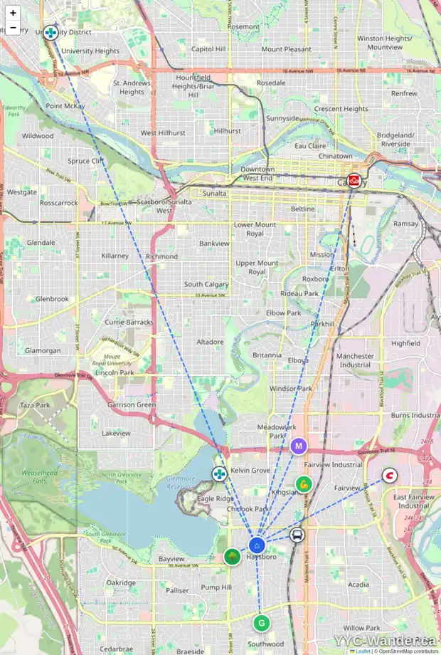Daily accessibility map for 85 HAVERHILL RD SW, Calgary showing nearby schools, grocery stores, parks, LRT stations and nearby amenities