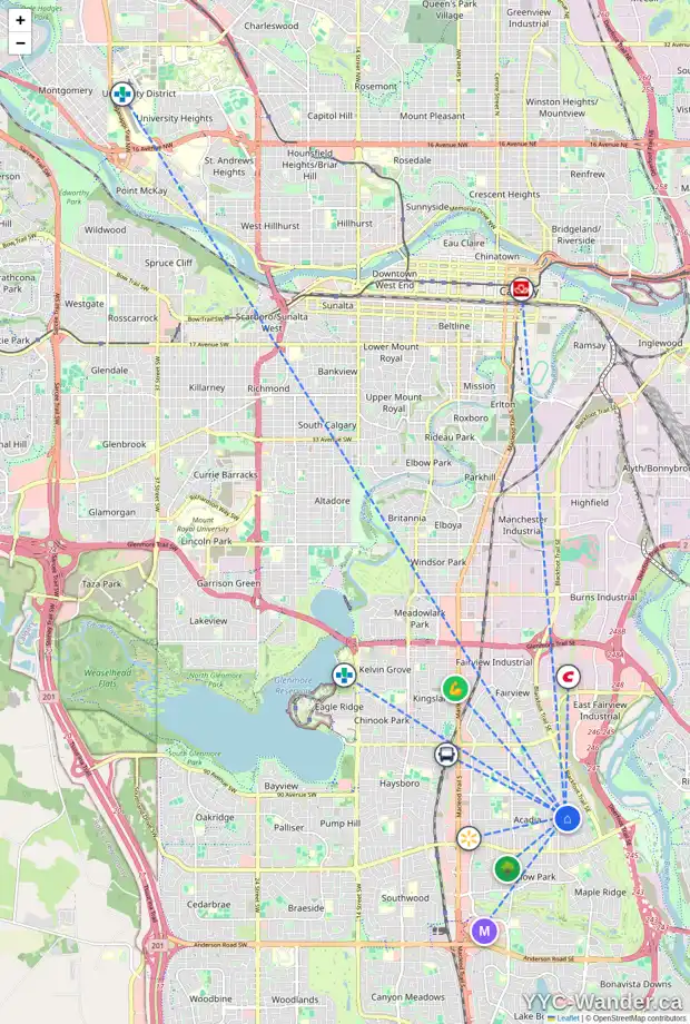 Daily accessibility map for 9452 ALMOND CR SE, Calgary showing nearby schools, grocery stores, parks, LRT stations and nearby amenities