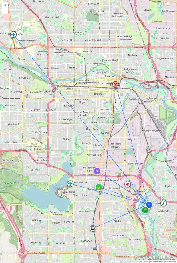 Daily accessibility map for 47 RIVERSIDE CL SE, Calgary showing nearby schools, grocery stores, parks, LRT stations and nearby amenities