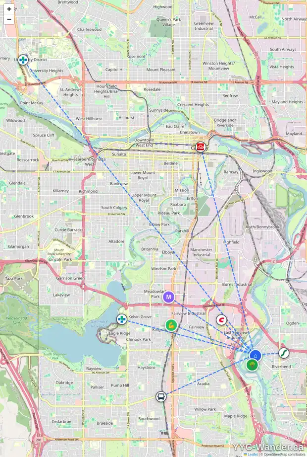 Daily accessibility map for 57 RIVERSIDE CI SE, Calgary showing nearby schools, grocery stores, parks, LRT stations and nearby amenities