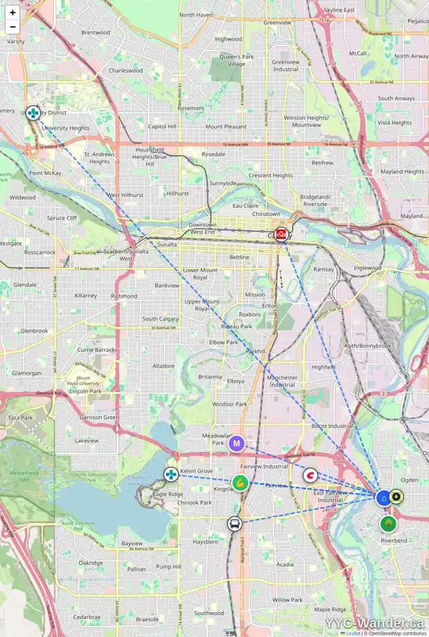 Daily accessibility map for 1623 76 AV SE, Calgary showing nearby schools, grocery stores, parks, LRT stations and nearby amenities