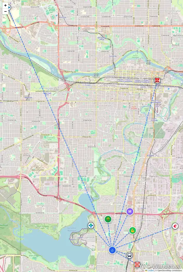 Daily accessibility map for 96 CHINOOK DR SW, Calgary showing nearby schools, grocery stores, parks, LRT stations and nearby amenities