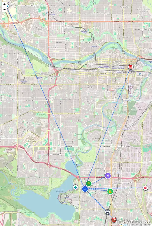 Daily accessibility map for 1308 KILLEARN AV SW, Calgary showing nearby schools, grocery stores, parks, LRT stations and nearby amenities