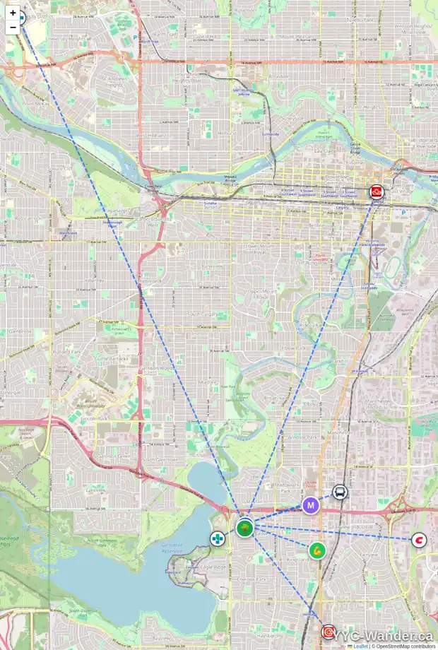 Daily accessibility map for 1312 KELOWNA CR SW, Calgary showing nearby schools, grocery stores, parks, LRT stations and nearby amenities