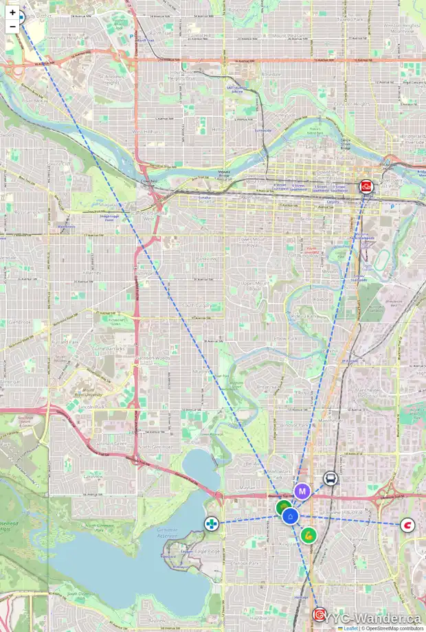Daily accessibility map for 717 69 AV SW, Calgary showing nearby schools, grocery stores, parks, LRT stations and nearby amenities