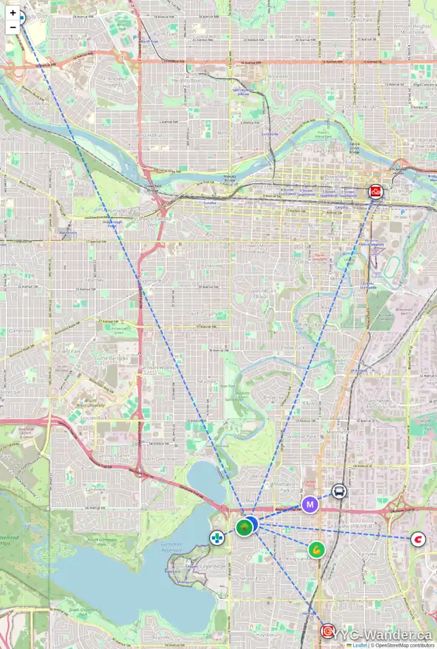 Daily accessibility map for 7004 KENNEDY DR SW, Calgary showing nearby schools, grocery stores, parks, LRT stations and nearby amenities