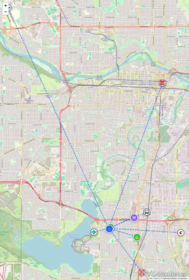 Daily accessibility map for 7027 KENOSEE PL SW, Calgary showing nearby schools, grocery stores, parks, LRT stations and nearby amenities