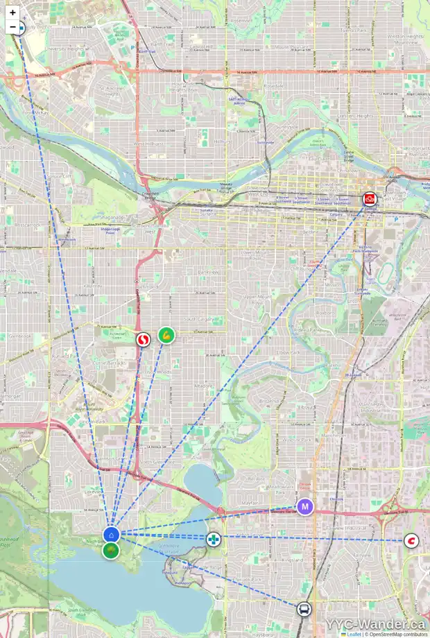 Daily accessibility map for 2905 LINDEN DR SW, Calgary showing nearby schools, grocery stores, parks, LRT stations and nearby amenities