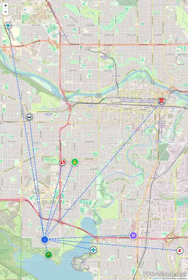 Daily accessibility map for 6902 LEASIDE DR SW, Calgary showing nearby schools, grocery stores, parks, LRT stations and nearby amenities