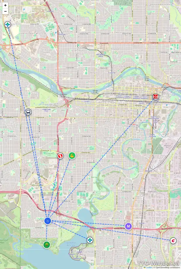 Daily accessibility map for 2827 63 AV SW, Calgary showing nearby schools, grocery stores, parks, LRT stations and nearby amenities