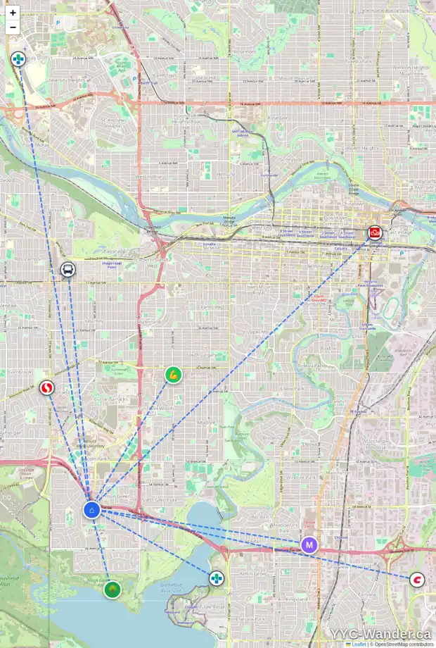 Daily accessibility map for 6111 LOCKINVAR RD SW, Calgary showing nearby schools, grocery stores, parks, LRT stations and nearby amenities