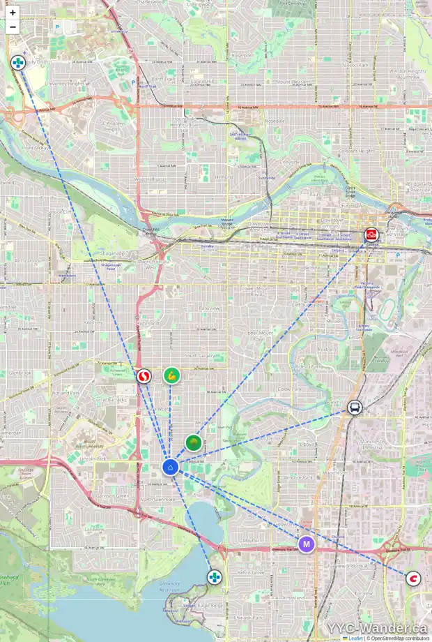 Daily accessibility map for 2108 51 AV SW, Calgary showing nearby schools, grocery stores, parks, LRT stations and nearby amenities