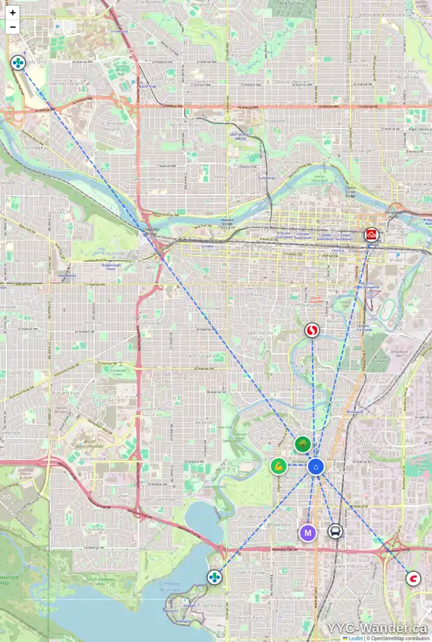 Daily accessibility map for 406 51 AV SW, Calgary showing nearby schools, grocery stores, parks, LRT stations and nearby amenities