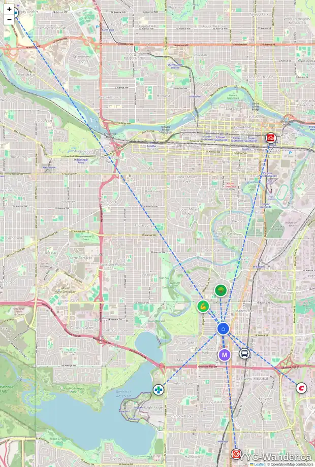 Daily accessibility map for 203 511 56 AV SW, Calgary showing nearby schools, grocery stores, parks, LRT stations and nearby amenities