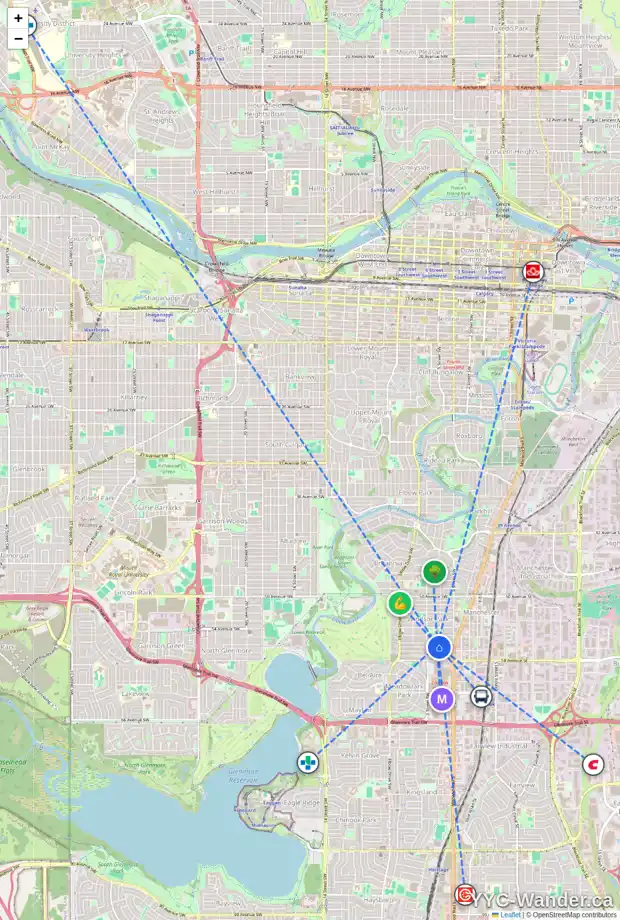 Daily accessibility map for 505 511 56 AV SW, Calgary showing nearby schools, grocery stores, parks, LRT stations and nearby amenities