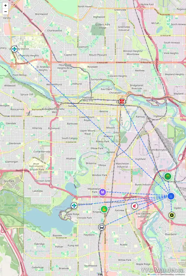 Daily accessibility map for 6621 18A ST SE, Calgary showing nearby schools, grocery stores, parks, LRT stations and nearby amenities