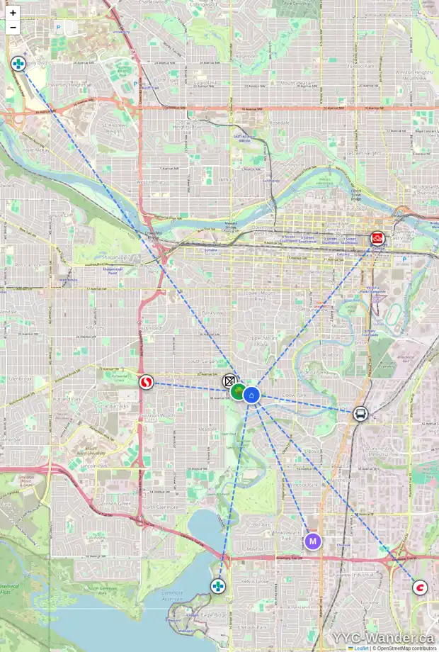 Daily accessibility map for 3823 11 ST SW, Calgary showing nearby schools, grocery stores, parks, LRT stations and nearby amenities