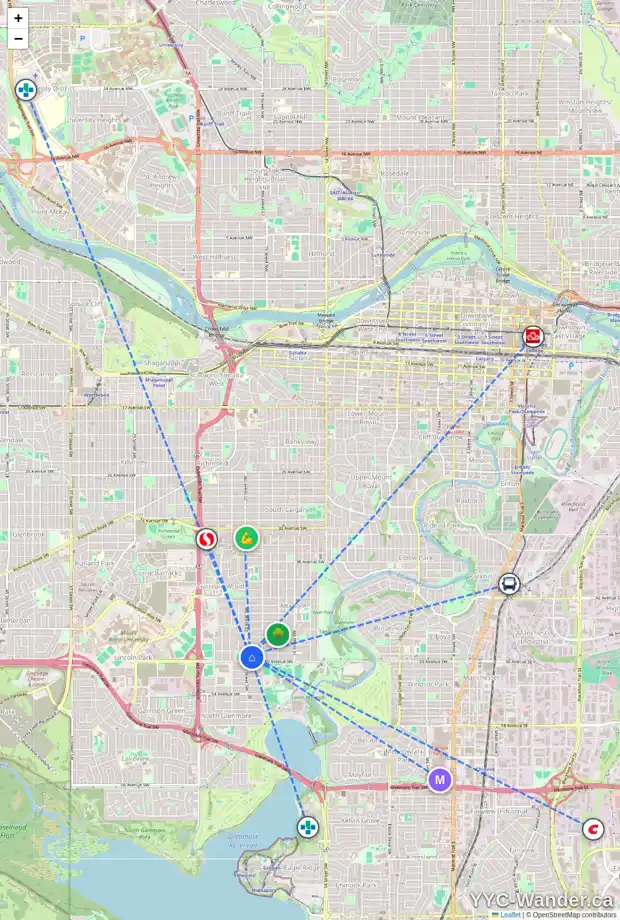Daily accessibility map for 2039 49 AV SW, Calgary showing nearby schools, grocery stores, parks, LRT stations and nearby amenities