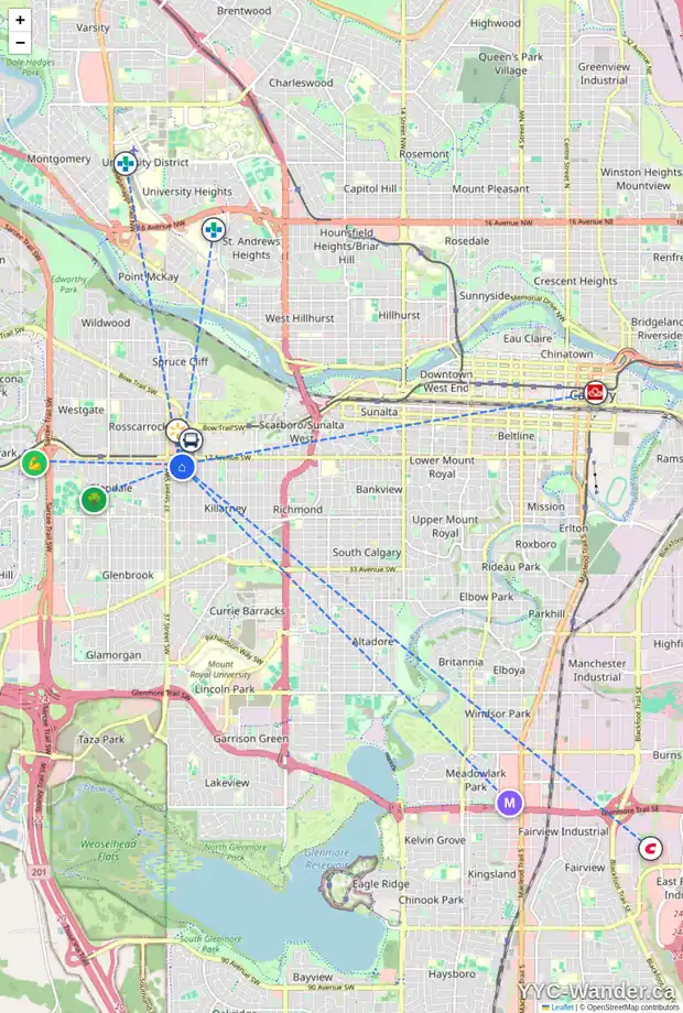 Daily accessibility map for 2 1925 35 ST SW, Calgary showing nearby schools, grocery stores, parks, LRT stations and nearby amenities
