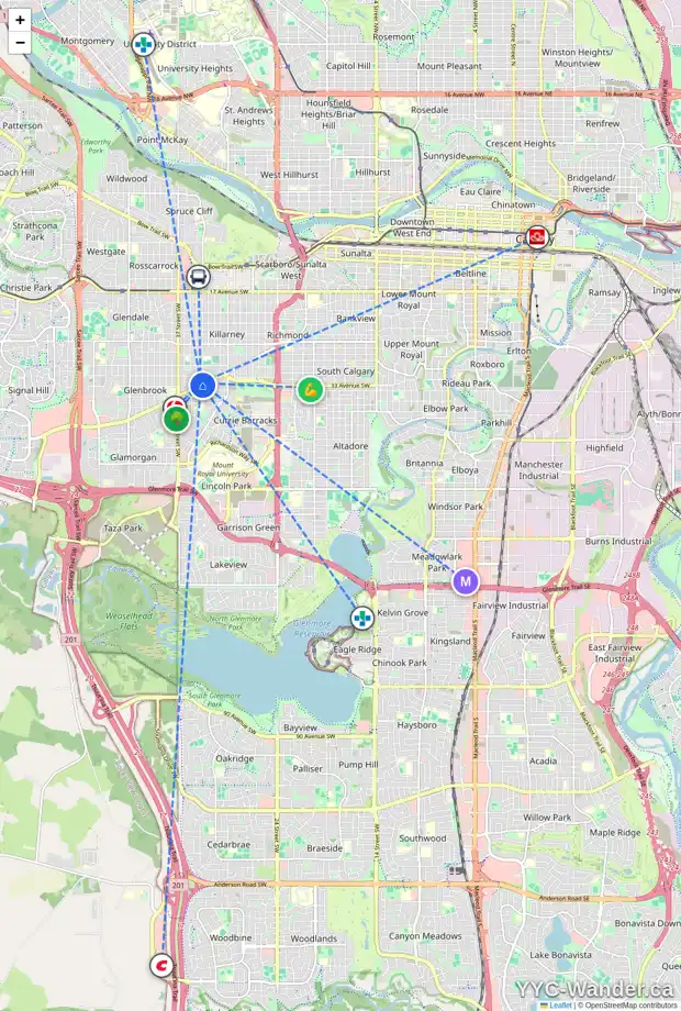 Daily accessibility map for 3422 RICHMOND RD SW, Calgary showing nearby schools, grocery stores, parks, LRT stations and nearby amenities