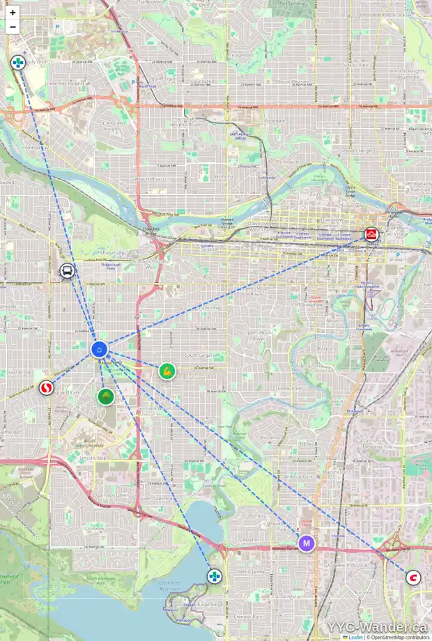 Daily accessibility map for 3035 28 ST SW, Calgary showing nearby schools, grocery stores, parks, LRT stations and nearby amenities