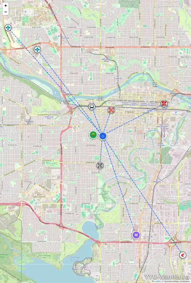 Daily accessibility map for 1411 COLBORNE CR SW, Calgary showing nearby schools, grocery stores, parks, LRT stations and nearby amenities