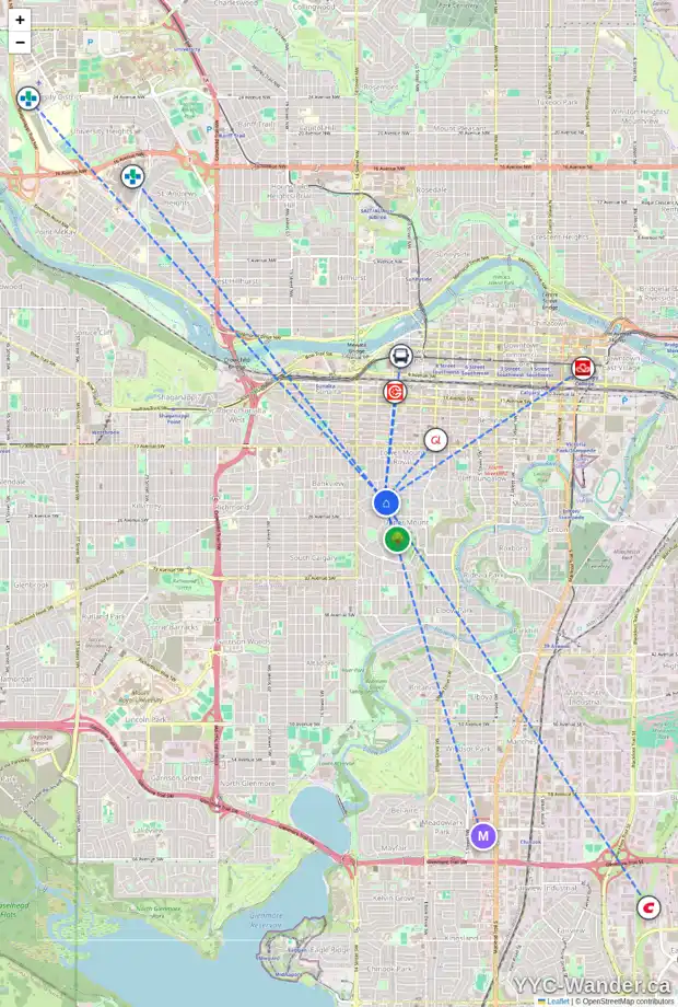 Daily accessibility map for 1213 PROSPECT AV SW, Calgary showing nearby schools, grocery stores, parks, LRT stations and nearby amenities
