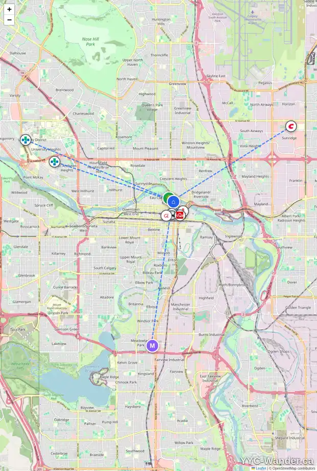 Daily accessibility map for 609 128 2 AV SE, Calgary showing nearby schools, grocery stores, parks, LRT stations and nearby amenities