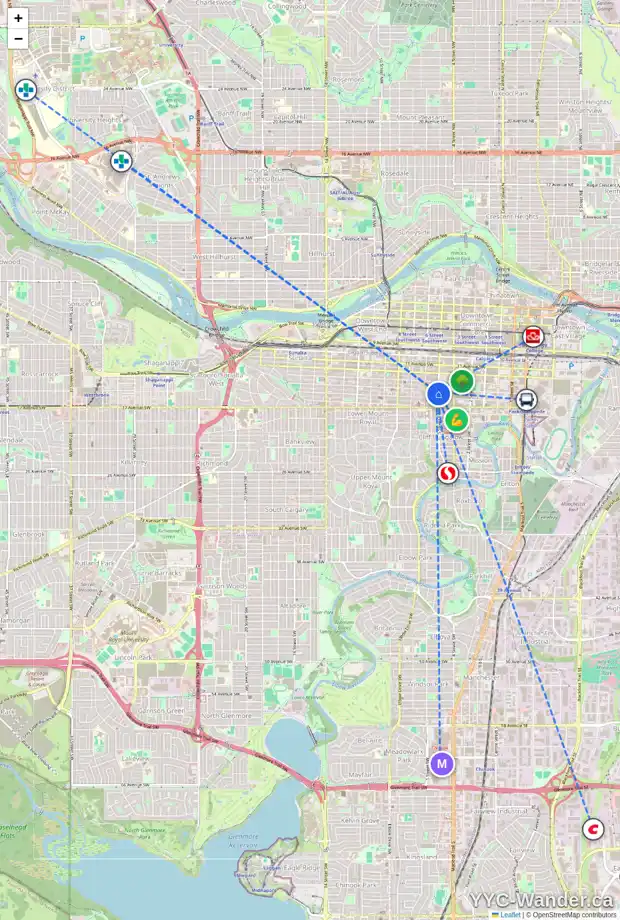 Daily accessibility map for 1403 5 ST SW, Calgary showing nearby schools, grocery stores, parks, LRT stations and nearby amenities